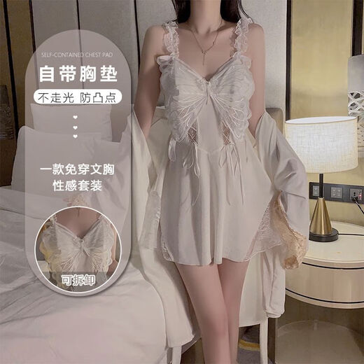 80-160斤秋冬性感丝绒睡衣加胸垫聚拢大码吊带睡裙外袍家居服套装 3879黑色外袍+腰带 均码建议80-160斤