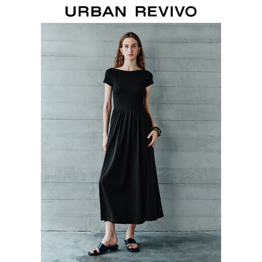 UR2025 Herbst Neue Frauenkleidung Einfaches einlange schlankes, hüftgetreues Kleid UWM750116 Schwarz M.