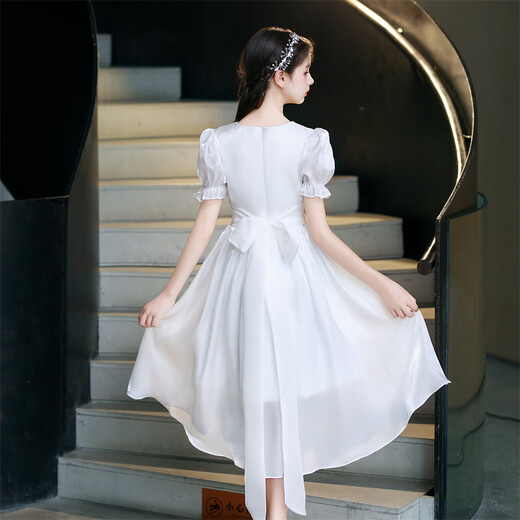 琪双睿女童连衣裙夏季高级感轻奢小众礼服钢琴演出服小女孩生日宴公主裙 米白短袖 均码 量身定做尺寸不退不换