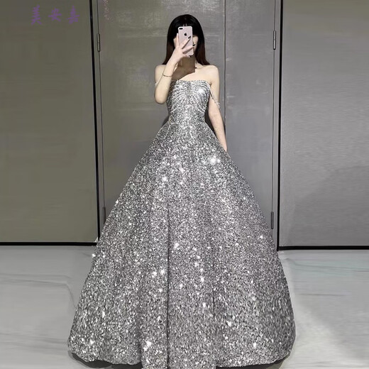 Mei Anjia starry sky sequined evening dress with light luxury temperament annual meeting host engagement wedding dress toasting dress bride silver sequin style XL