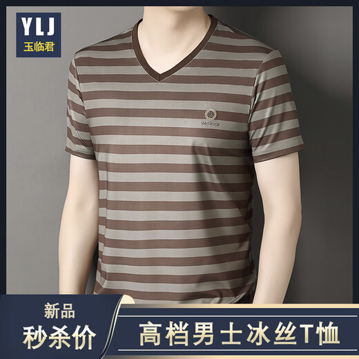 
Playboy; PLAYBOY brand summer men's ice silk short-sleeved T-shirt anti-wrinkle skin-friendly striped round neck half sleeve middle-aged versatile fashion 6197V neck apricot gray M 165 [Suggested 95-115Jin [Jin equals 0.5 kg]]