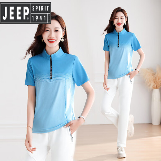 Jeep Spirit Outdoor Sportswear-Anzug für Frauen Sommer Joggen 2025 Neues lässiges Eis Seiden Schnelltrocknen Morgen Jogging-Anzug Zwei-teiliger Blue-Prince Blue Hosen L (95-110 Gewicht)