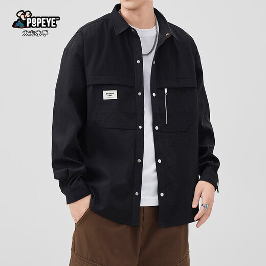 Popeye Japanese long-sleeved work shirt men's spring autumn loose casual versatile shirt jacket DC03 black M