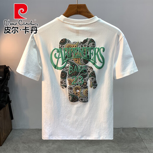 Pierre Cardin 2025 Nueva impresión de letra de oso suelto Camiseta de manga corta para hombres Camiseta de algodón delgada de algodón de algodón de moda blanco 5 JSW9923 m adecuado para 90-108Jin [Jin iguala 0.5 kg]