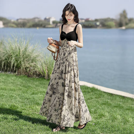 Seide Cypress House Tinte Blumenrock 2025 Sommer Neue Frauen gespleißte gefälschte zweiteilige Schlinge Long Sling Kleid