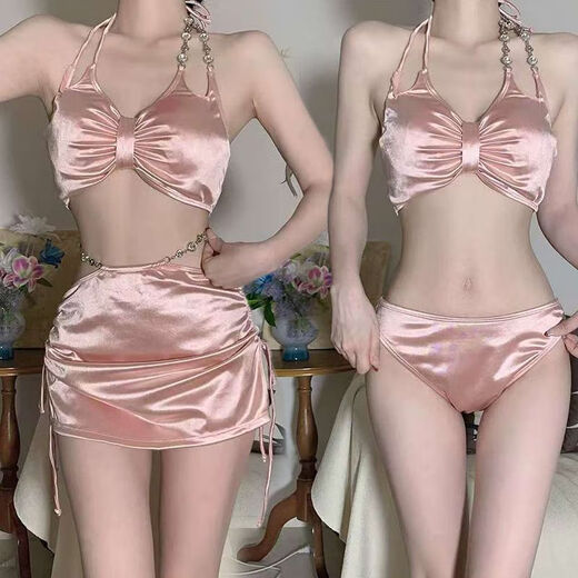 Qiner swimsuit women's split three-piece sexy solid color diamond shiny bikini swimsuit pure lust hot spring swimsuit pink M recommended 85-95Jin Jin equals 0.5 kg