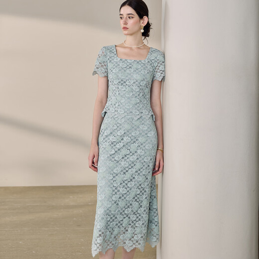 Roeyshouse looki costume vert clair haut de gamme 2025 Été Nouvelle jupe de corps mince en dentelle 12240 vert clair L