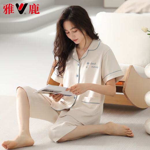 雅鹿高档新款睡衣女夏季薄款纯棉短袖七分裤家居服女士夏天可外穿套装 9896 4XL 【180-200斤】