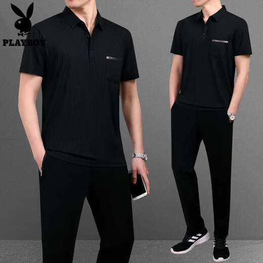 花花公子（PLAYBOY OUTDOOR）夏装中老年男装冰丝短袖T恤男士运动服父亲节薄款休闲跑步套装 753灰色 4XL建议180斤---200斤T恤+裤子