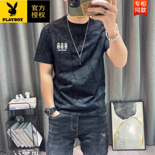 Playboy (Playboy) 2025 Summer Nueva camiseta de manga corta para hombres Estampado de cuello redondo versátil impreso de cuerpo completo