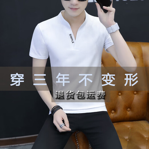 GY鸡心领纯色纯棉短袖t恤男装夏季立领修身ins运动休闲简约潮 白色691款 M 不起球不掉色