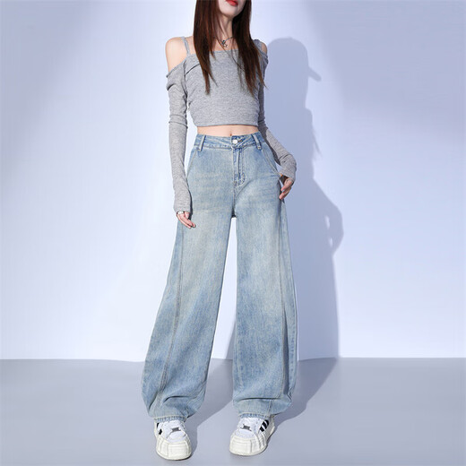 
Light-colored scimitar jeans for women in summer 2025 new pear-shaped meat-covering drooping small banana wide-leg pants light blue trousers L size recommended 110-119Jin [Jin equals 0.5 kg]
