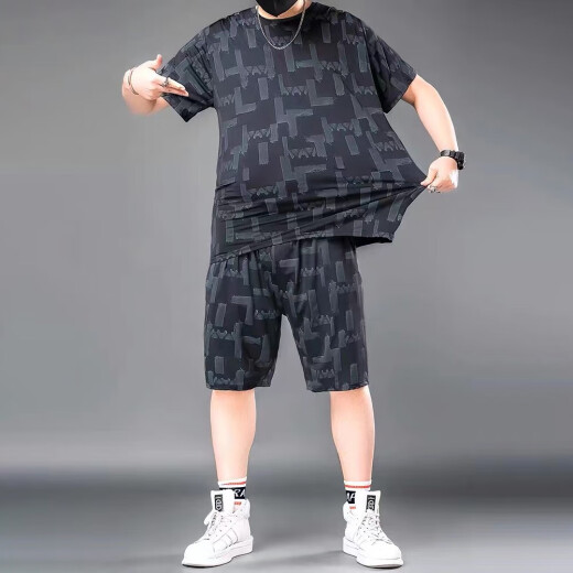Yicaiwan short-sleeved T-shirt for summer men's plus fat plus size ice silk shirt fat trendy ice-sleeved fat high-end design black suit 829 one-size M