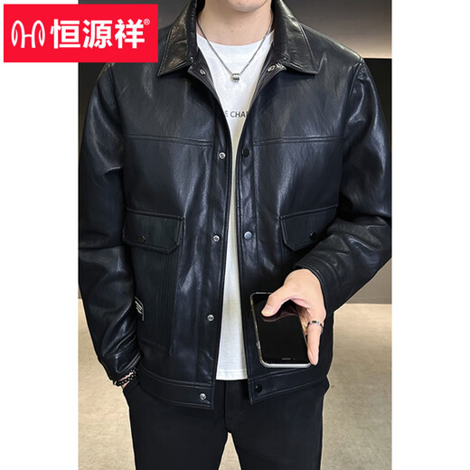 Hengyuanxiang Men's Leather Jacket Spring 2026 New American Fashion Brand Casual Lapel Men's Pilot Motorcycle Leather Jacket Brown XL