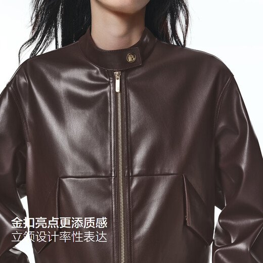 PEACEBIRD Women's Leather Jacket Gold Buckle Small Stand Collar Imitation Protein PU Leather Jacket Women's Truncated Motorcycle Maroon M