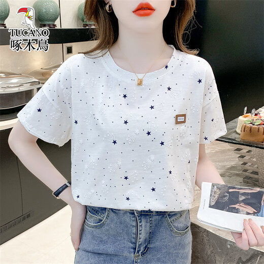 啄木鸟纯棉宽松印花T恤女潮夏装新款百搭体恤上衣 1396白色+321绿色爱心 M 适合100-109斤