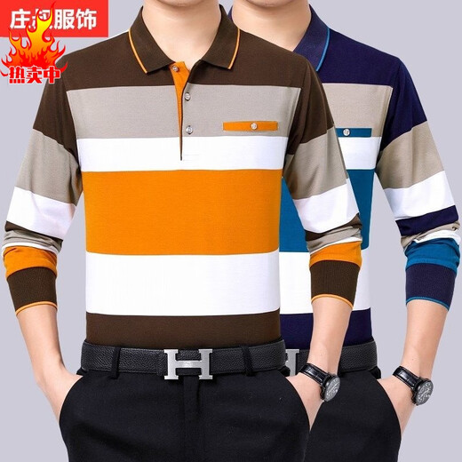 Jyli im mittleren Alter mit langärmeligen Polo-Hemd-Herbst-Fett-Mann plus Fett plus großer Größe Lose Striped T-Shirt Basis 679 Grüne M48-Größe empfohlen 110jin [Jin entspricht 0,5 kg] -130jin [Jin gleich 0,5 kg] Alle Größe alle Größe