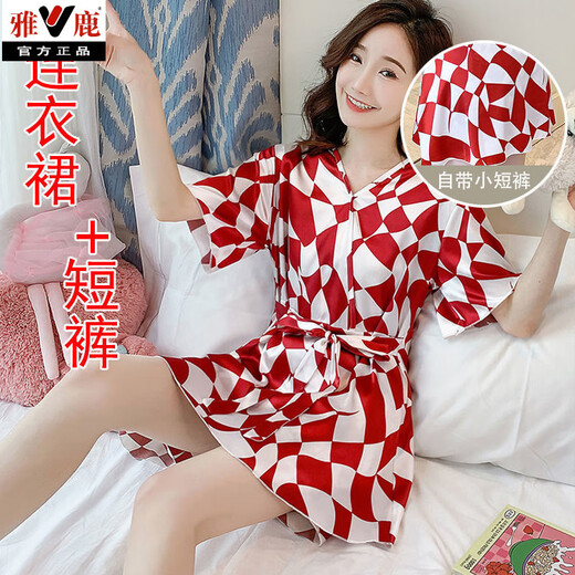 雅鹿网红大码200斤胖妹百搭冰丝睡裙女夏季薄款日式和服睡衣两件套装 1278白色圆圈字母【连衣裙+短裤 M 【80-95斤】
