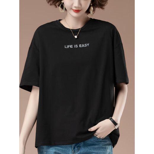 Beiyao 50-year-old women's short-sleeved T-shirt pure cotton plus fat plus size summer loose embroidery middle-aged mother casual top 9889 black 3XL 145-160Jin [Jin equals 0.5 kg]