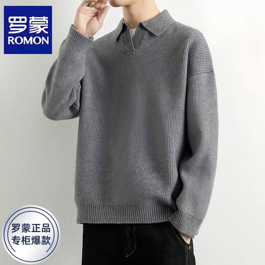 ROMON Knitted Sweater Men's Autumn and Winter Lazy Lapel Loose Pullover Sweatshirt Long Sleeve Warm Inner Men's Clothing Gray Hair Apricot L Recommended 120-140 Jin Jin equals 0.5 kg