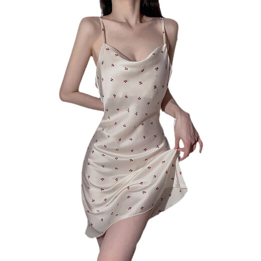 性感冰丝吊带睡裙舒适小碎甜美纯欲睡衣女式家居服套装6195 6198香槟 M