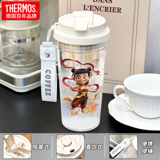 Thermos (Thermos) Nezha Ao Bing Outdoor Water Cup tragbarer Doppeltrink-Kaffee-Kaffeetasse Neue Männer- und Frauen-Sportstrohkessel mit hoher Weiß-Lily-Valley-PC-Wasserbecher-Hst3294, die + passender PC