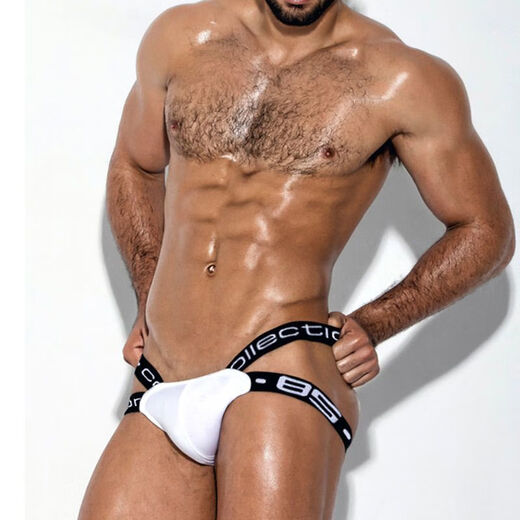 Half men's gay sexy no-take-off thong sexy beltless cotton large bag hollow buttocks exposed gay underwear for men white 3501 L