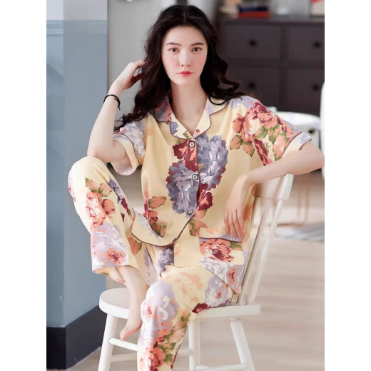 浪莎（LangSha）2025年新款睡衣女士夏季短袖长裤妈妈大码家居服夏天薄款可外穿 Q9928 M [建议80-105斤]
