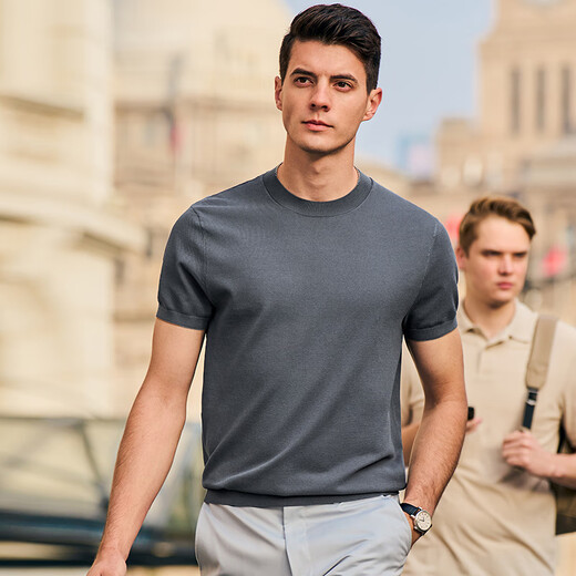 Mr. Bu Bu Fashion Contrast Color Round Neck Knitted T-shirt Summer Breathable Honeycomb Skin Short Sleeve Men's Clothing AT12126 Dark Gray 3XL __190