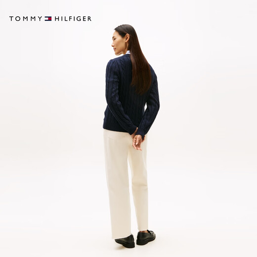 Tommy Hilfiger [Kabeltextur] 25 neue Herbst- und Winter -Streifenpullover für Frauen mit fester Farbe Runde Hals Strickjacke [Kabel -Strickjacke] Marine Blue DW5 XS (Empfohlen: 100 Jin [Jin entspricht 0,5 kg] oder weniger)