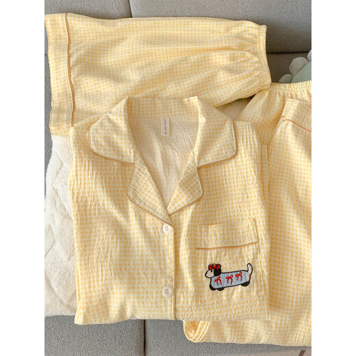 Arctic velvet dachshund dog pajamas for women 2025 new summer pure cotton gauze short-sleeved three-piece suit cardigan cotton silk home clothes Yunduo Cotton-J9901# Paradise puppy three-piece set M [Suggestion 75-100Jin [Jin equals 0.5 kg]]