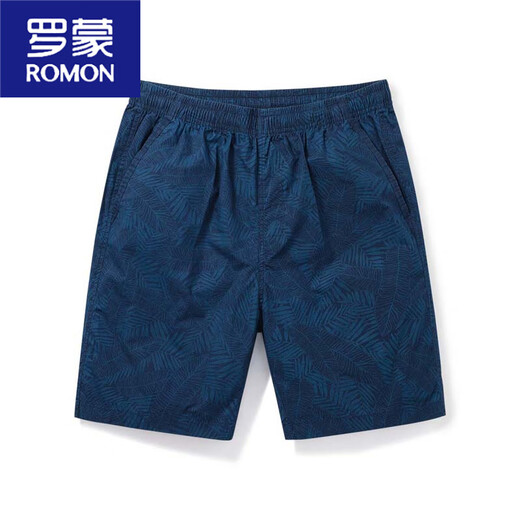 ROMON summer thin mid-trousers loose 5-point cotton home beach pants mid-trousers wearing casual shorts men's five-point pants 9215 dark blue XL