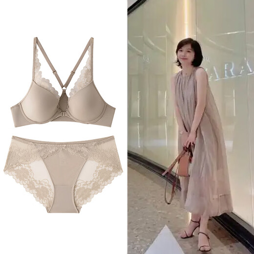 维多利亚宫廷前扣文胸小胸聚拢法式软钢圈蕾丝文胸性感交叉美背调整型内衣套装 黑色 75A /34/M内裤