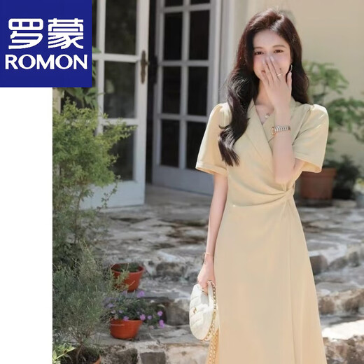 ROMON (ROMON) 2025 Summer New Design Traje Vestido con ajuste delgado de la cintura y temperamento delgado y falda a largo plazo amarillo brillante 2xl 130-140Jin [Jin equivale a 0.5 kg]