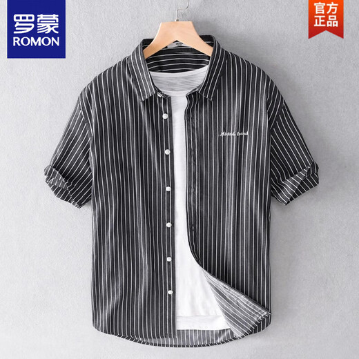 
ROMON Summer Men's Short Sleeve Shirt Japanese Striped Shirt Pure Cotton Summer Casual Embroidered Shirt Top 9721 White M 100Jin [Jin equals 0.5 kg] About