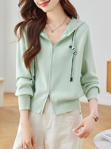 QIAFAN Spring 2025 new hooded knitted cardigan for women casual loose zippered sweater jacket for women spring and autumn clothing Mint green M [90-105Jin[Jin equals 0.5 kg]]