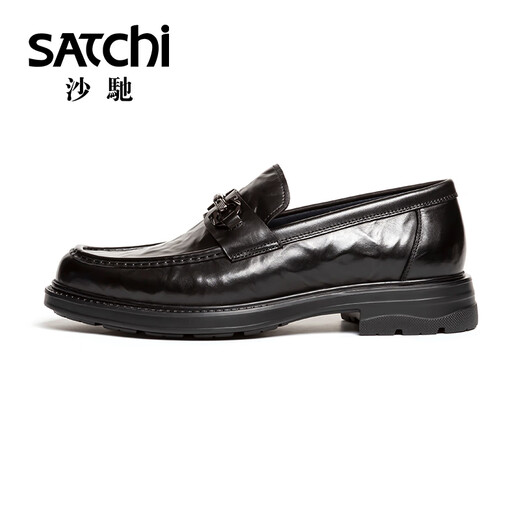 SATCHI men's shoes 2025 new high-end slip-on leather shoes fashionable hand-scratch pattern round toe thick sole light soft business casual shoes black (752542433Z) 42 European size (national code 43)