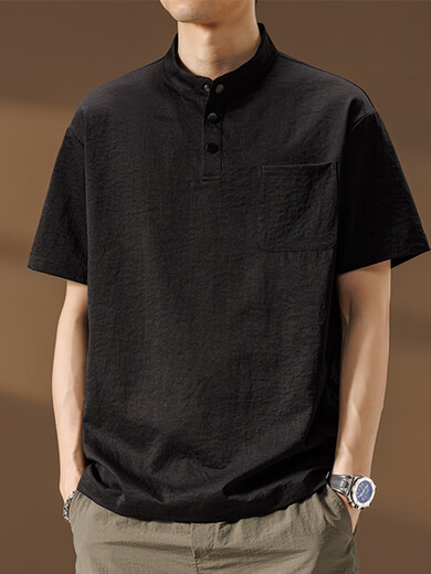 Qinchi retro men's tunic high-end tunic collar henley collar shirt men's 25 summer thin cool pocket short-sleeved shirt gray M about 90~120Jin Jin equals 0.5kg can be worn one size fits all