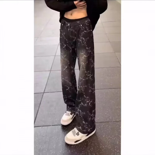 American high street jeans for men in autumn vibe jacquard trendy brand washed straight casual pants loose handsome bootcut pants light blue XL recommended 120-140Jin Jin equals 0.5 kg