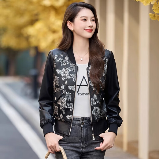 
ROMON (ROMON) jacket for women's black leather jacket for spring and autumn 2025 new fashion high-end and super good looking small motorcycle short jacket black M