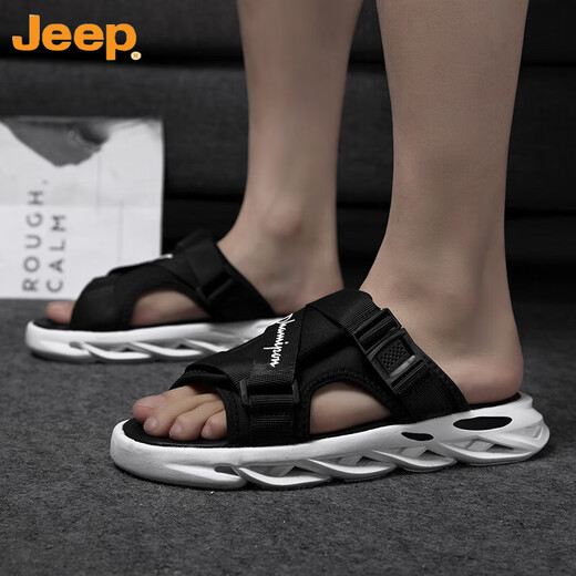 吉普（JEEP）男士拖鞋夏季外穿潮流防滑防臭厚底一字拖青少年户外运动沙滩凉鞋 黑色(主图款) 39 现货速发