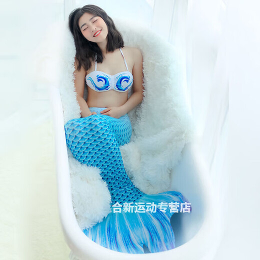 戎美丹尼美人鱼尾巴男女分体比基尼泳衣脚蹼儿童成人亲子度假摄影温泉服装 蓝色单鱼尾 L码建议身高160-165CM