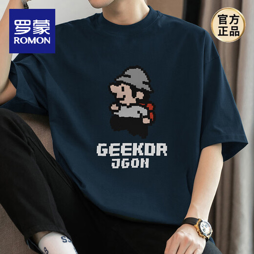 Romon (Romon) 260g schwere reine Baumwoll-Kurzärärt-T-Shirt-Sommer-Runde Runde Hals-Top-Modemarke Pixel gedruckt halbärmelig M09-693 Black S [80-100jin [Jin entspricht 0,5 kg]]