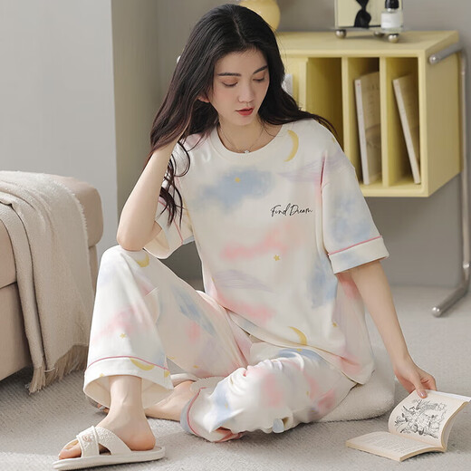 都市丽人夏季睡衣女士纯棉薄款短袖长裤学生可爱韩版套装春秋天宽松家居服 y9715 M 码建议75-95斤