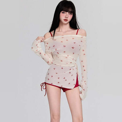 Nanmu Bear Swimsuit Women's Split Three-Piece Set Long Sleeve Sweaty Girls Summer Pure Desire Conservative Sun Protection Belly Slimming Swimsuit Red Bow Three-Piece Set [70-120Jin [Jin equals 0.5 kg]]