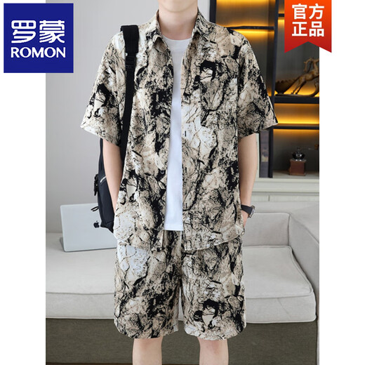 Romon (Romon) Beau chemise, costume de soie de glace d'été masculin, chemise fleurie, manches courtes, shorts, plage en deux pièces, 679 costume blanc, m 110jin [Jin est égal à 0,5 kg]