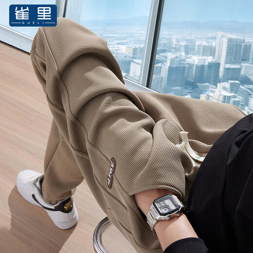 Queli waffle pants for men in autumn and winter new loose trendy brand casual pants for men plus velvet heavyweight sports pants for men and sweatpants for men 2215 Khaki XL