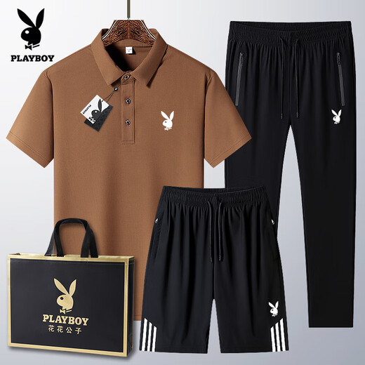 花花公子（PLAYBOY）爸爸冰丝短袖POLO.衫夏季中年男士休闲运动套装父亲节衣服 6629款-白色【上衣+短裤】 M 穿95-110斤