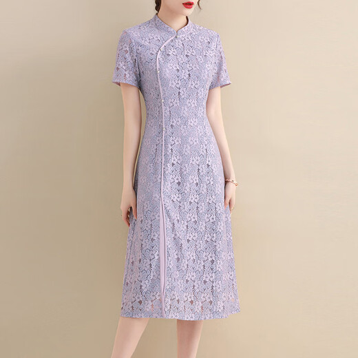 
OLJ light luxury brand dress for women 2025 summer new slim Chinese style cheongsam versatile acetate lace skirt Violet M