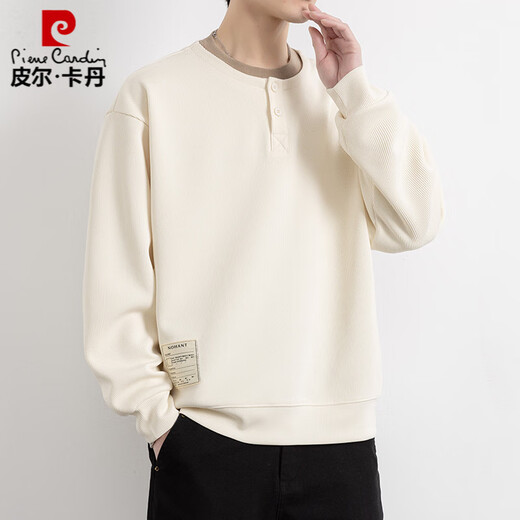 Pierre Cardin fake two-piece sweatshirt for men 2025 spring and autumn Henley collar inner layering shirt long-sleeved T-shirt top knitted off-white 3XL (approximately 160-180Jin Jin equals 0.5kg can be worn)